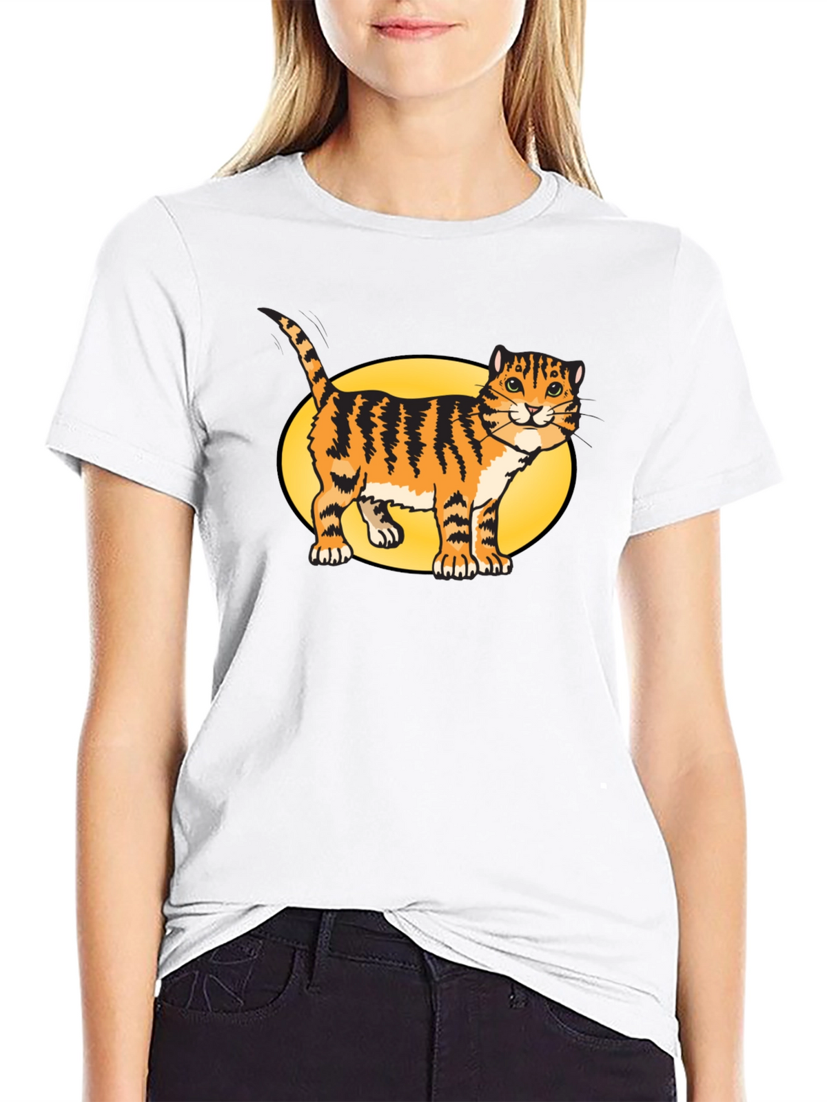 Black T-Shirt with Cartoon Cat Design