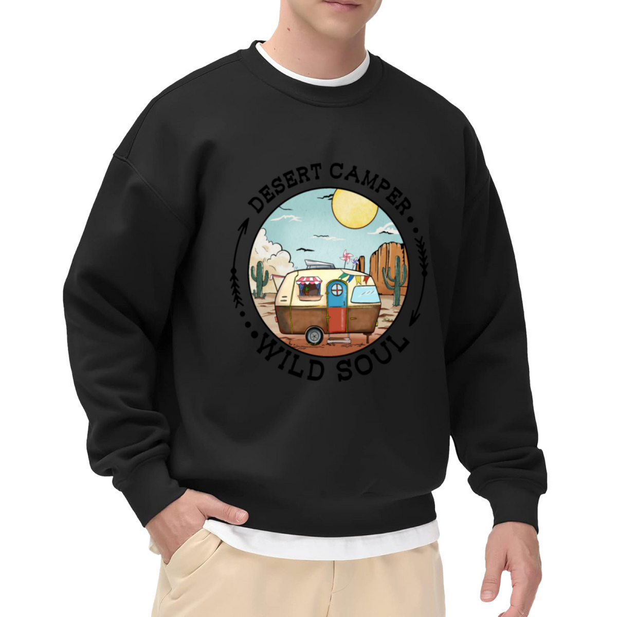 Desert Camper Wild Soul Retro Camper Badge Crewneck Sweatshirt | Vintage Desert Camping Pullover, Van Life Gift