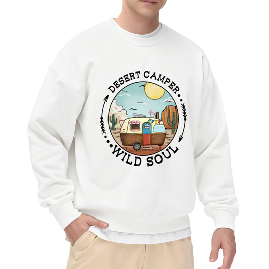 Desert Camper Wild Soul Retro Camper Badge Crewneck Sweatshirt | Vintage Desert Camping Pullover, Van Life Gift