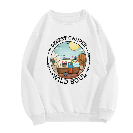 Desert Camper Wild Soul Retro Camper Badge Crewneck Sweatshirt | Vintage Desert Camping Pullover, Van Life Gift