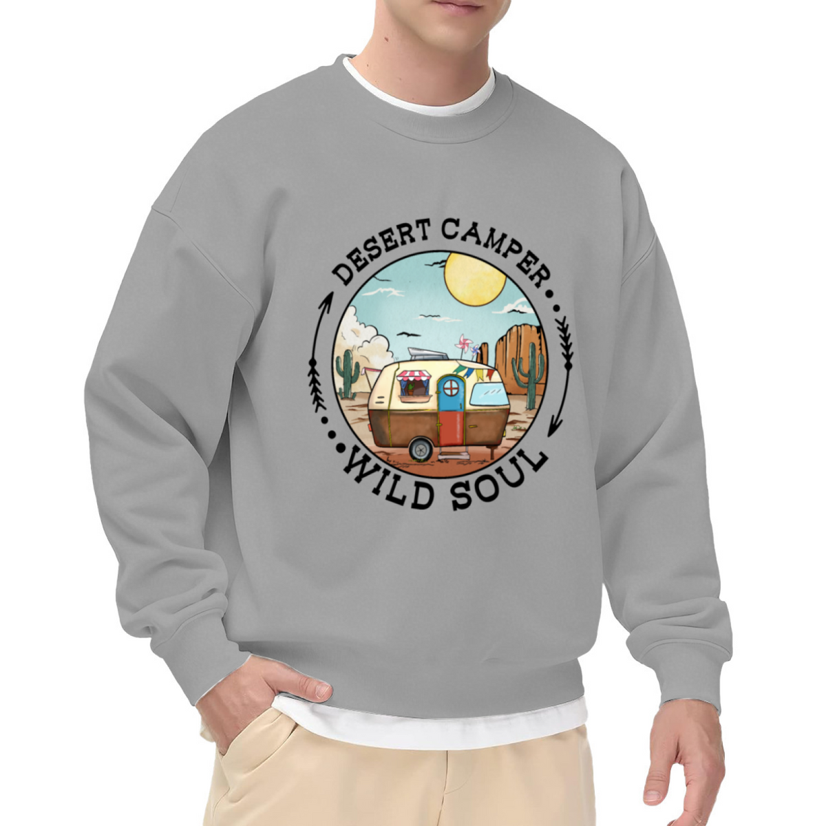 Desert Camper Wild Soul Retro Camper Badge Crewneck Sweatshirt | Vintage Desert Camping Pullover, Van Life Gift