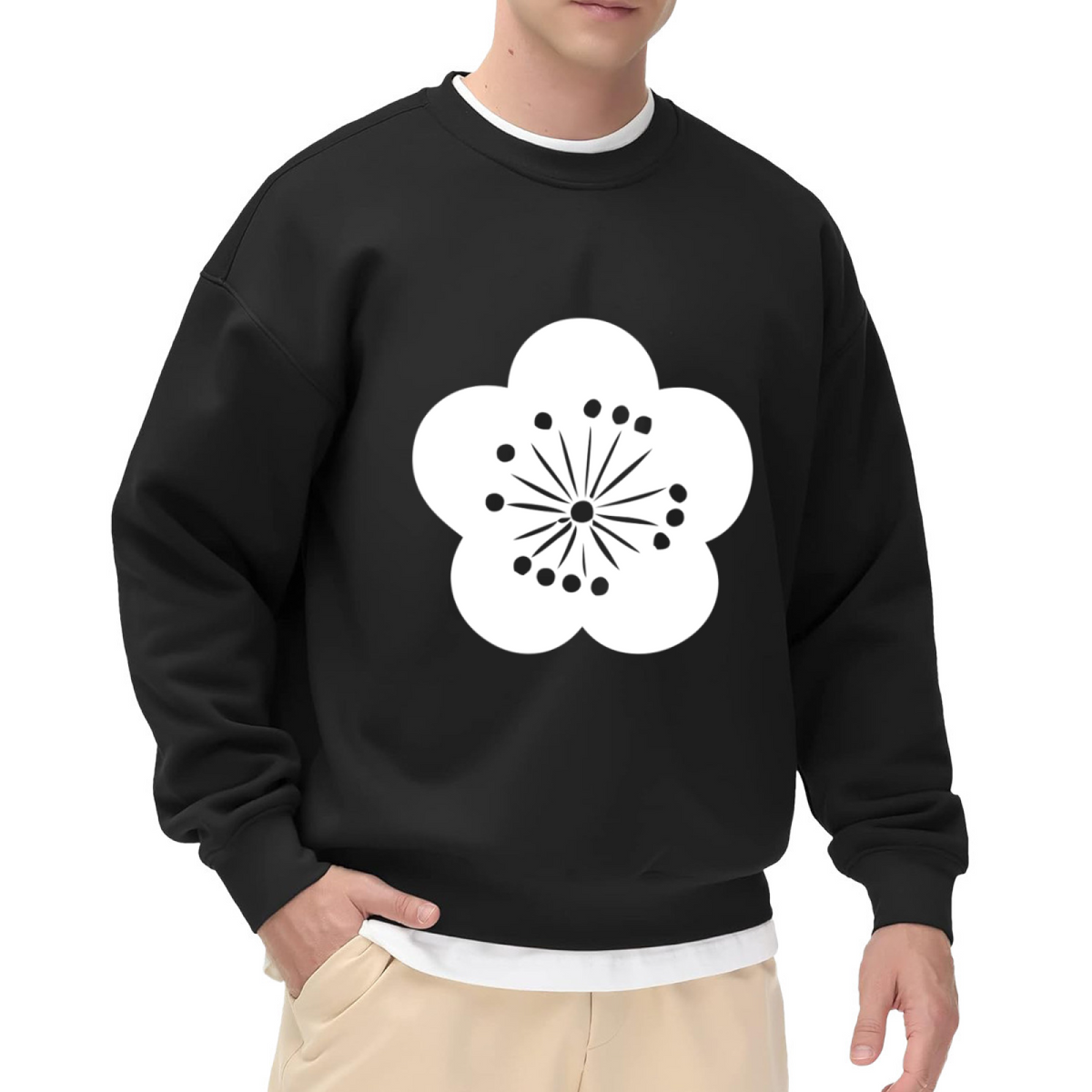 Plum Blossom Minimalist Flower Crewneck Sweatshirt | Japanese Ume Crest Monochrome Pullover, Botanical Gift