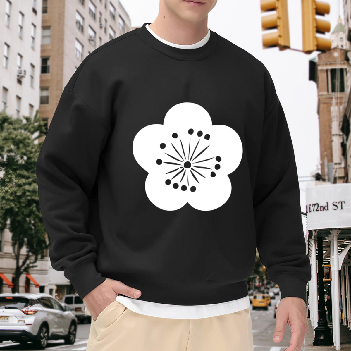 Plum Blossom Minimalist Flower Crewneck Sweatshirt | Japanese Ume Crest Monochrome Pullover, Botanical Gift
