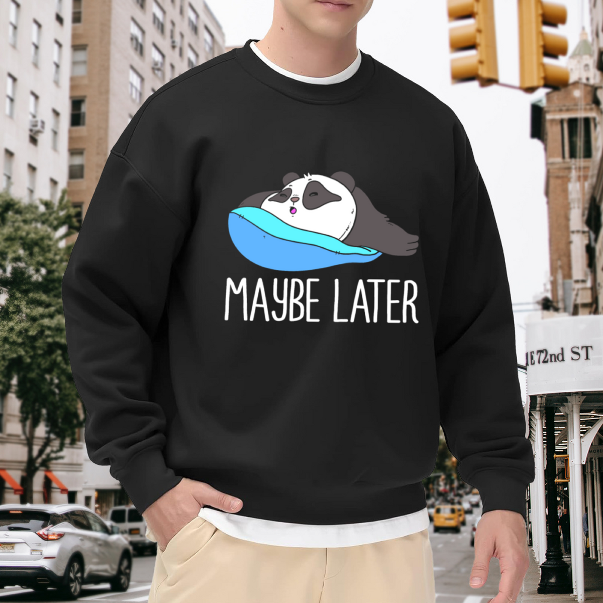 Maybe Later Lazy Panda Cartoon Crewneck Sweatshirt | Funny Procrastination Sloth Panda Pullover, Cute Animal Humor Gift