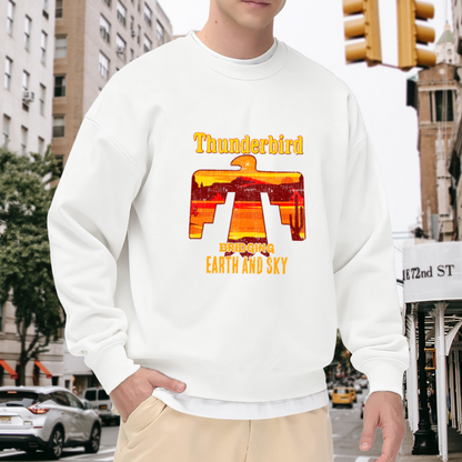 Thunderbird Bridging Earth and Sky Crewneck Sweatshirt with Retro Desert Landscape Design