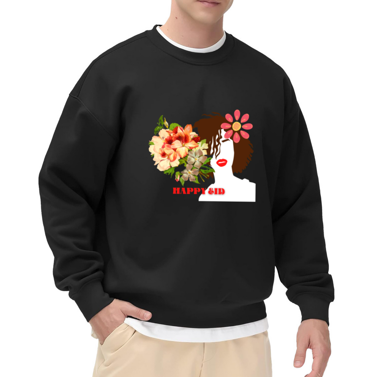Happy Eid Floral Portrait Crewneck Sweatshirt, Flower Woman Profile Pullover, Eid Mubarak Gift