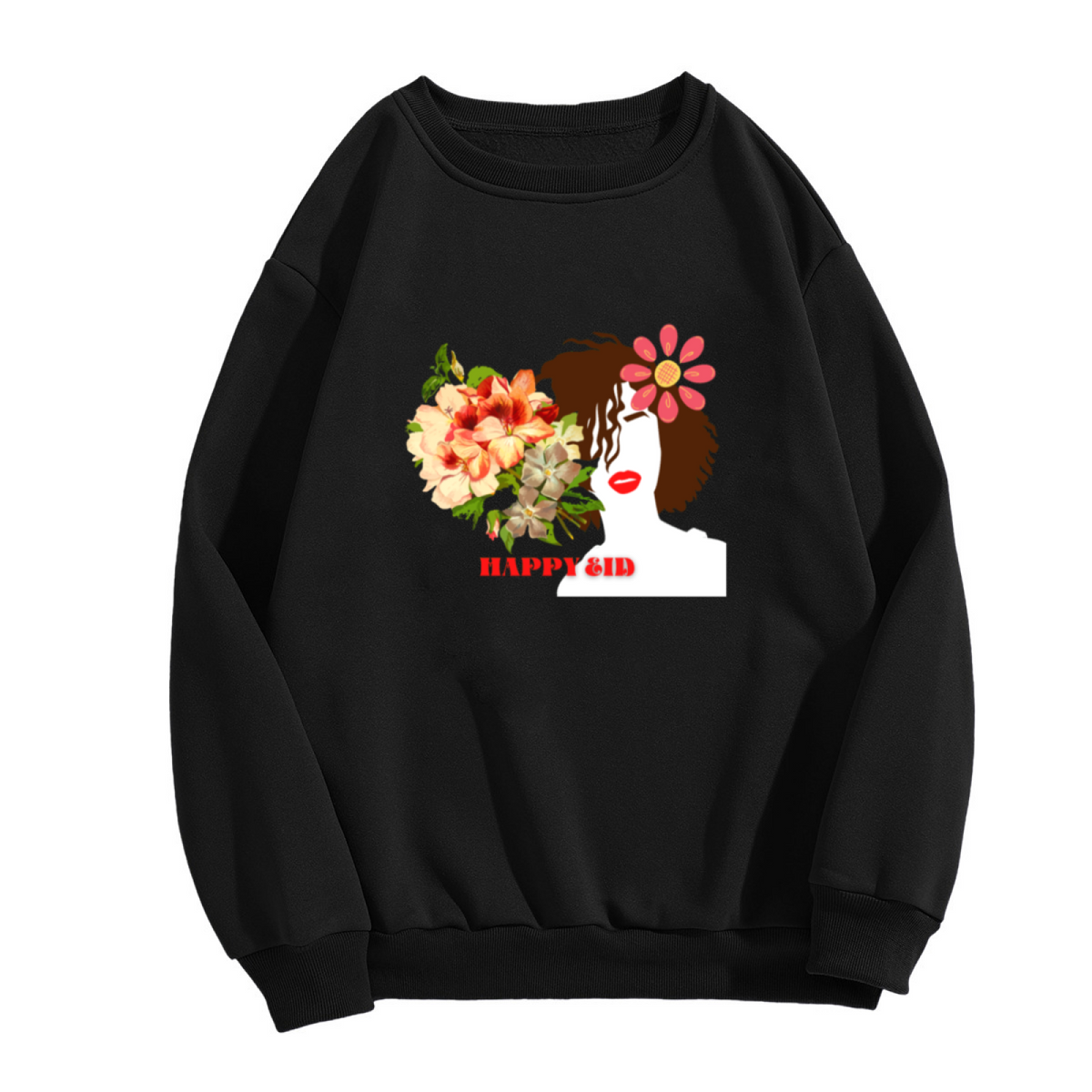 Happy Eid Floral Portrait Crewneck Sweatshirt, Flower Woman Profile Pullover, Eid Mubarak Gift