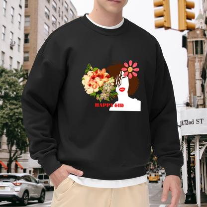 Happy Eid Floral Portrait Crewneck Sweatshirt, Flower Woman Profile Pullover, Eid Mubarak Gift