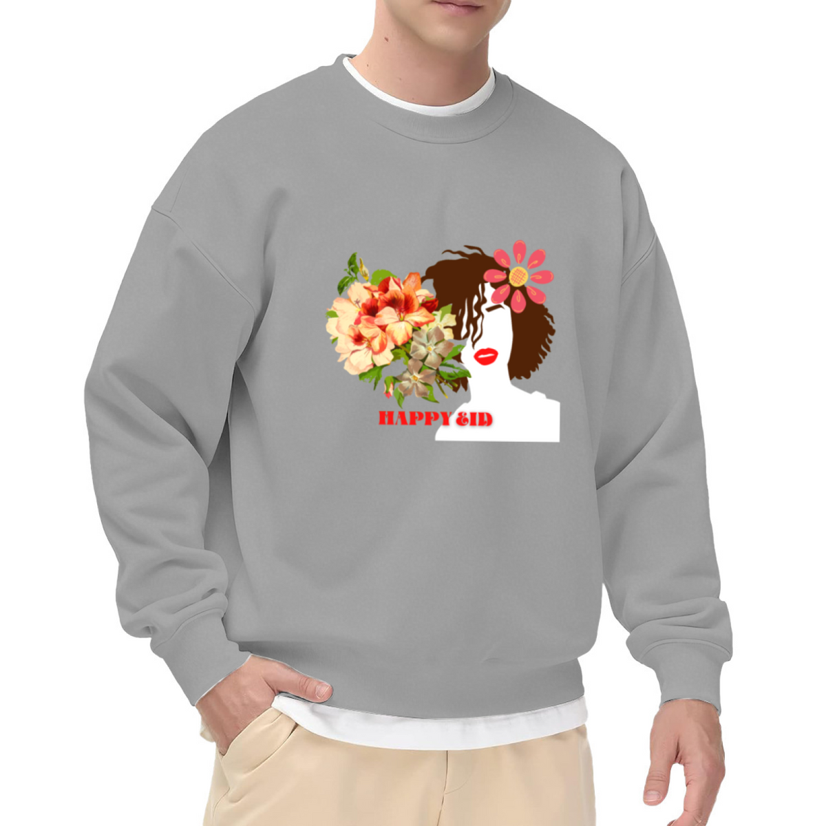 Happy Eid Floral Portrait Crewneck Sweatshirt, Flower Woman Profile Pullover, Eid Mubarak Gift