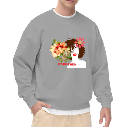 Happy Eid Floral Portrait Crewneck Sweatshirt, Flower Woman Profile Pullover, Eid Mubarak Gift