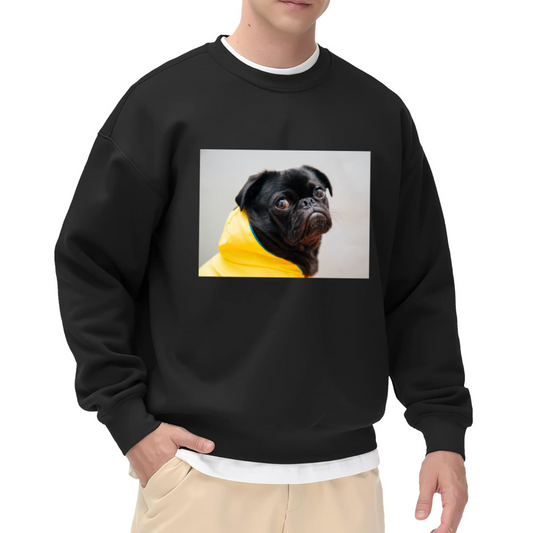 Funny Yellow Raincoat Black Pug Crewneck Sweatshirt for Dog Lovers & Pet Owners