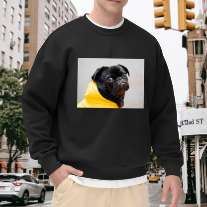 Funny Yellow Raincoat Black Pug Crewneck Sweatshirt for Dog Lovers & Pet Owners