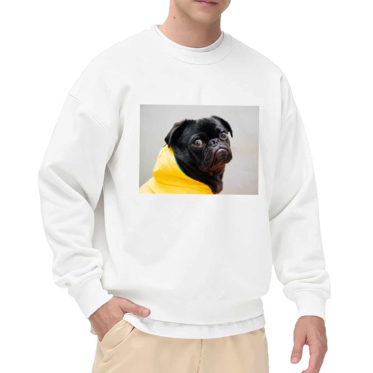 Funny Yellow Raincoat Black Pug Crewneck Sweatshirt for Dog Lovers & Pet Owners