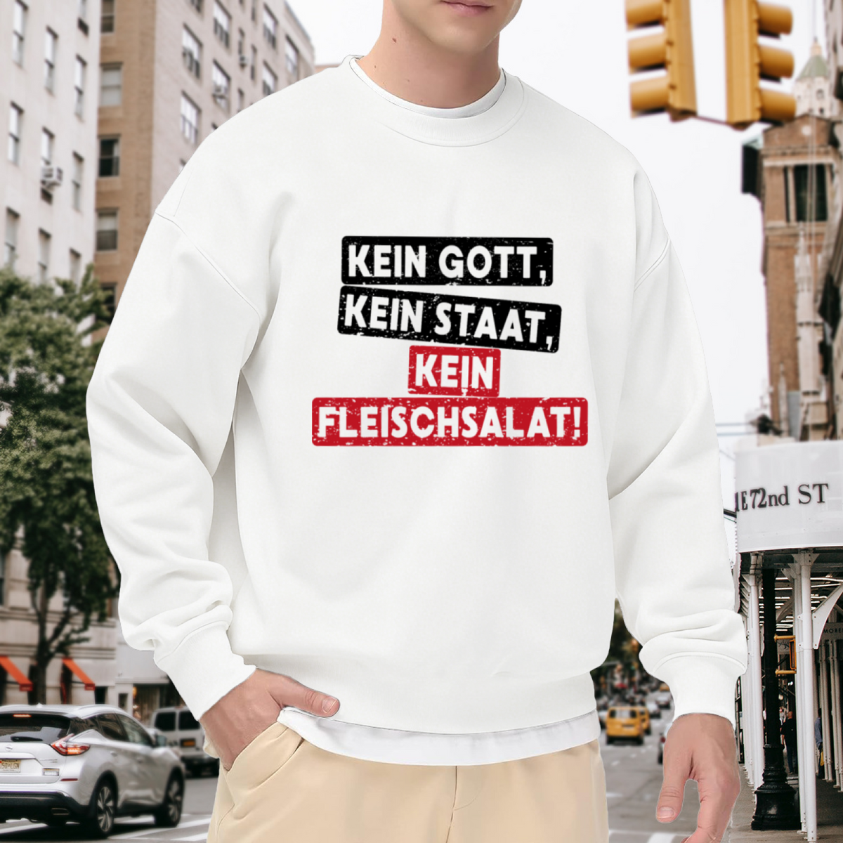 Kein Gott Kein Staat Kein Fleischsalat Crewneck Sweatshirt | Funny German Quote Pullover, Vintage Distressed Block Letter Streetwear Top