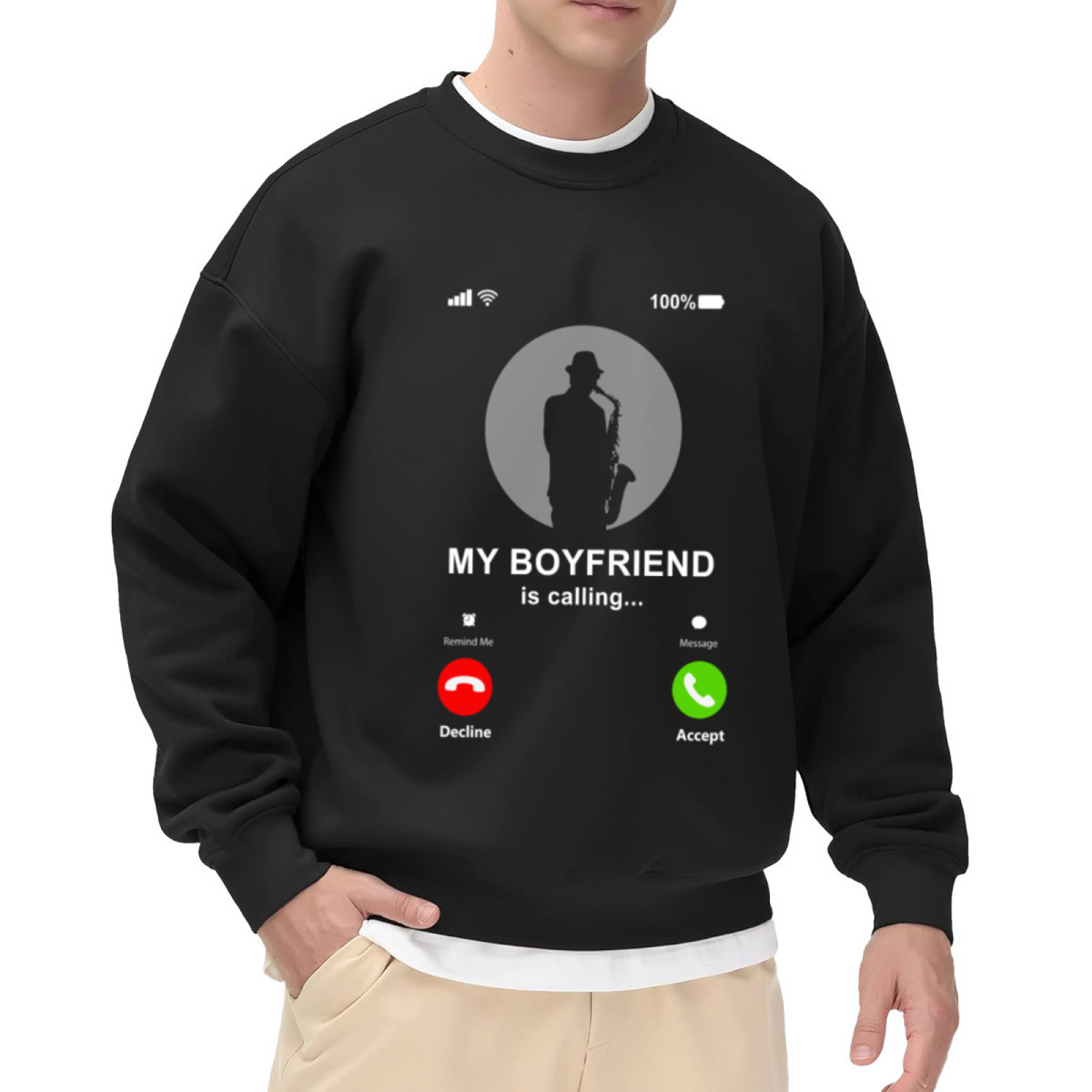 My Boyfriend Is Calling Saxophone Phone Screen Crewneck Sweatshirt | Funny Couple Call UI Pullover, Boyfriend Gift