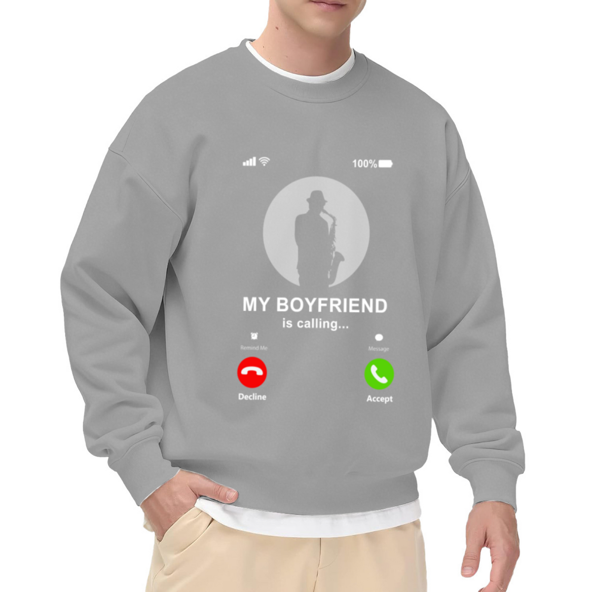 My Boyfriend Is Calling Saxophone Phone Screen Crewneck Sweatshirt | Funny Couple Call UI Pullover, Boyfriend Gift