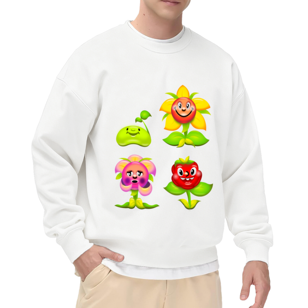 Cute 3D Cartoon Plant Characters Crewneck Sweatshirt | Whimsical Flower Friends Graphic Pullover, Kids Garden Gift
