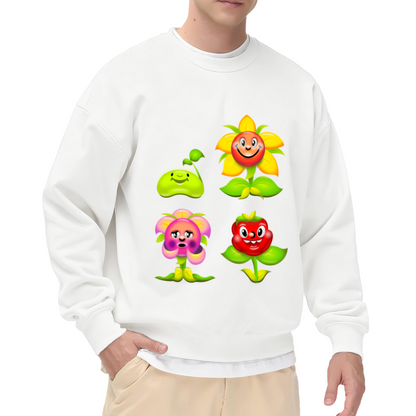 Cute 3D Cartoon Plant Characters Crewneck Sweatshirt | Whimsical Flower Friends Graphic Pullover, Kids Garden Gift