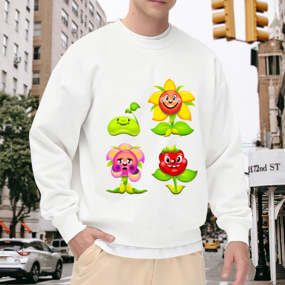 Cute 3D Cartoon Plant Characters Crewneck Sweatshirt | Whimsical Flower Friends Graphic Pullover, Kids Garden Gift
