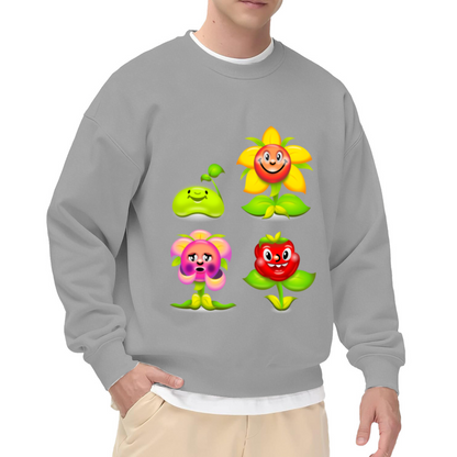 Cute 3D Cartoon Plant Characters Crewneck Sweatshirt | Whimsical Flower Friends Graphic Pullover, Kids Garden Gift