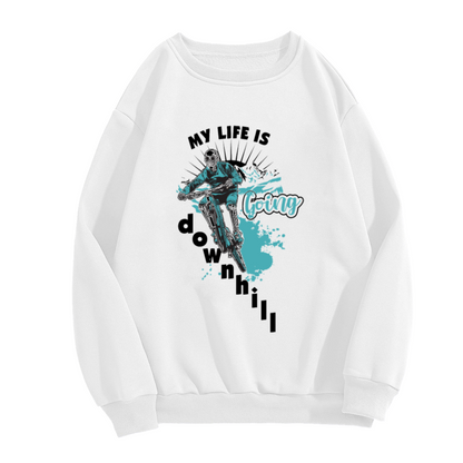 My Life Is Going Downhill Sweatshirt | Skeleton Mountain Bike Graphic Crewneck, Dark Humor Cycling Pullover Top, MTB Gift for Men Women
