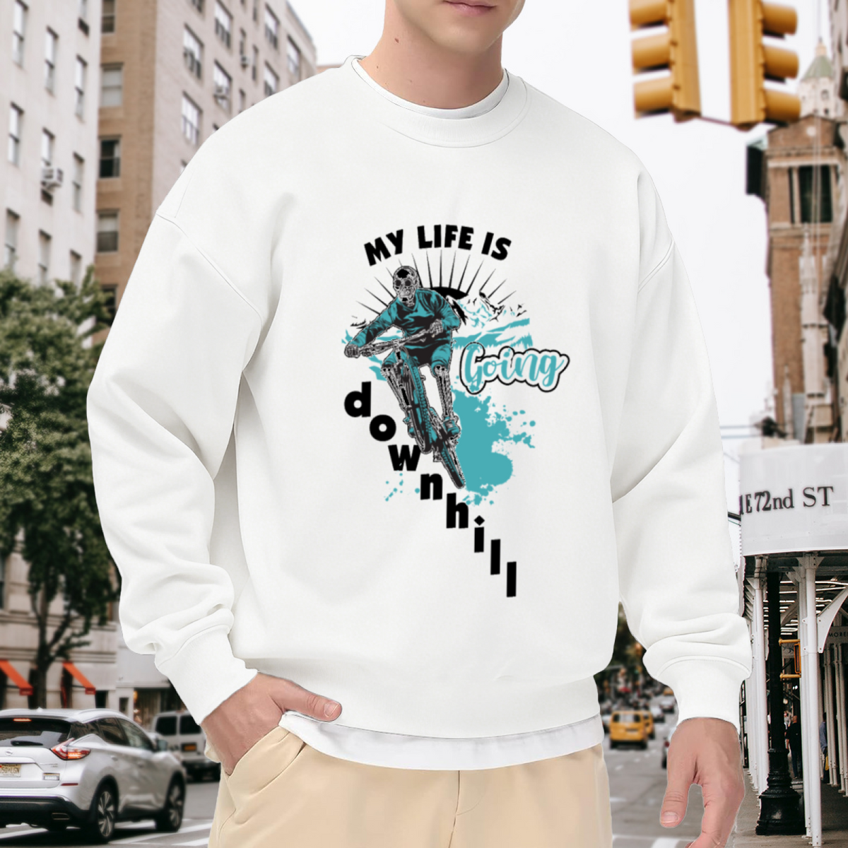 My Life Is Going Downhill Sweatshirt | Skeleton Mountain Bike Graphic Crewneck, Dark Humor Cycling Pullover Top, MTB Gift for Men Women