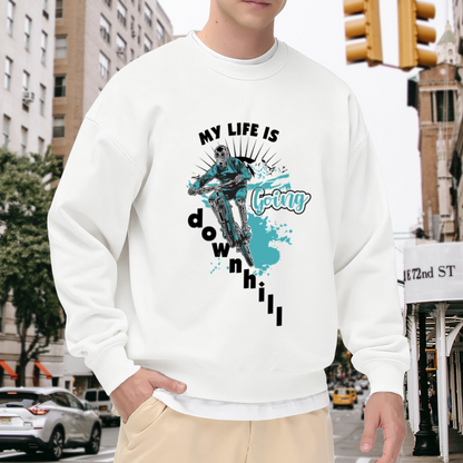 My Life Is Going Downhill Sweatshirt | Skeleton Mountain Bike Graphic Crewneck, Dark Humor Cycling Pullover Top, MTB Gift for Men Women