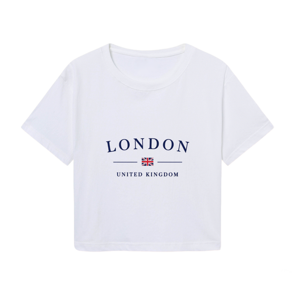Classic London UK Flag White Cropped T-Shirt ¨C Preppy City Vacation Top