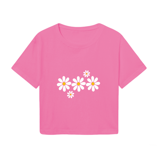 Soft White Daisy Floral Hot Pink Crop Top ¨C Cottagecore Spring Girly Short T-Shirt