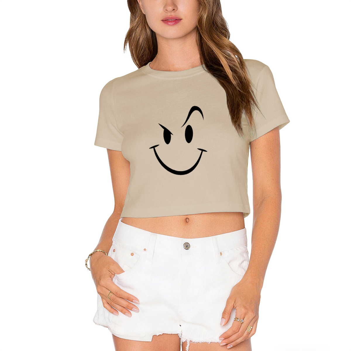 Mischievous Wink Smiley Lime Green Crop Top ¨C Funny Sly Face Graphic Tee