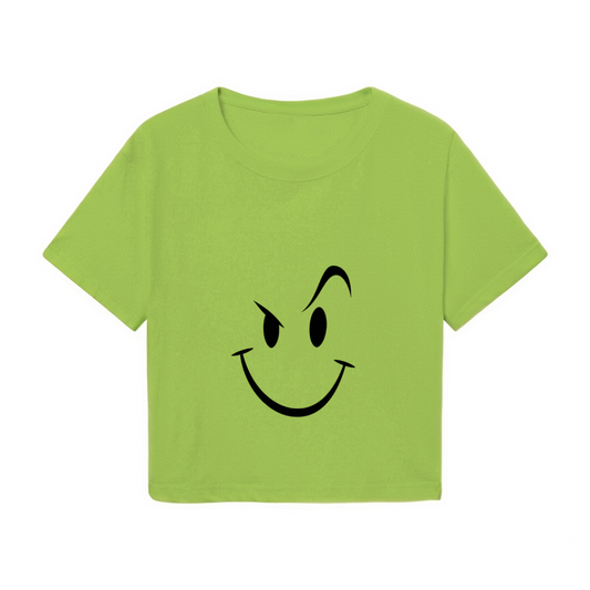 Mischievous Wink Smiley Lime Green Crop Top ¨C Funny Sly Face Graphic Tee