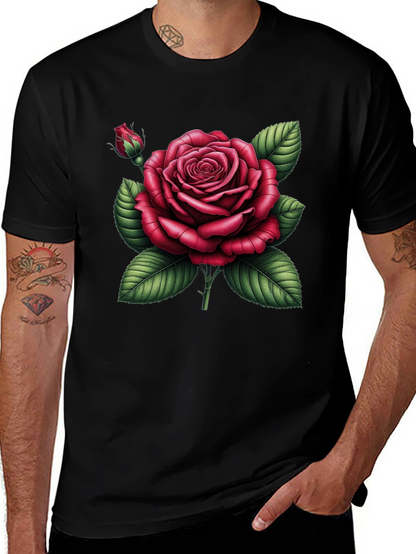 Black T-Shirt with Detailed Red Rose Graphic
