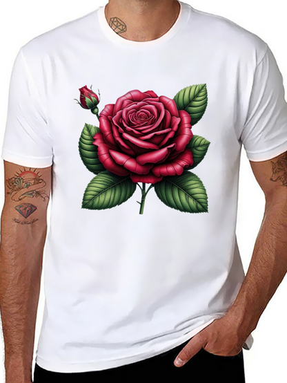 Black T-Shirt with Detailed Red Rose Graphic