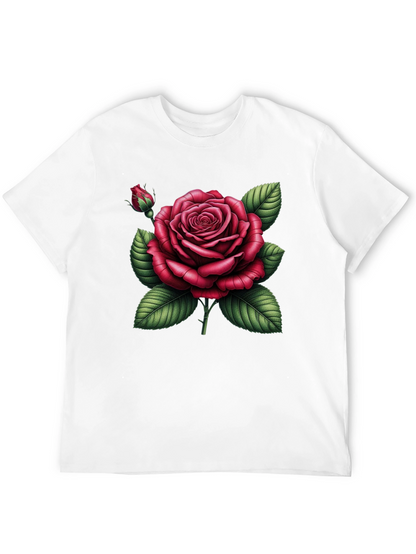 Black T-Shirt with Detailed Red Rose Graphic