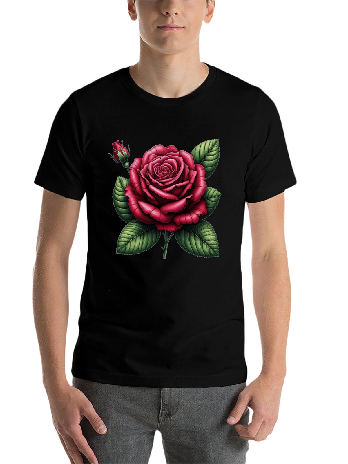 Black T-Shirt with Detailed Red Rose Graphic