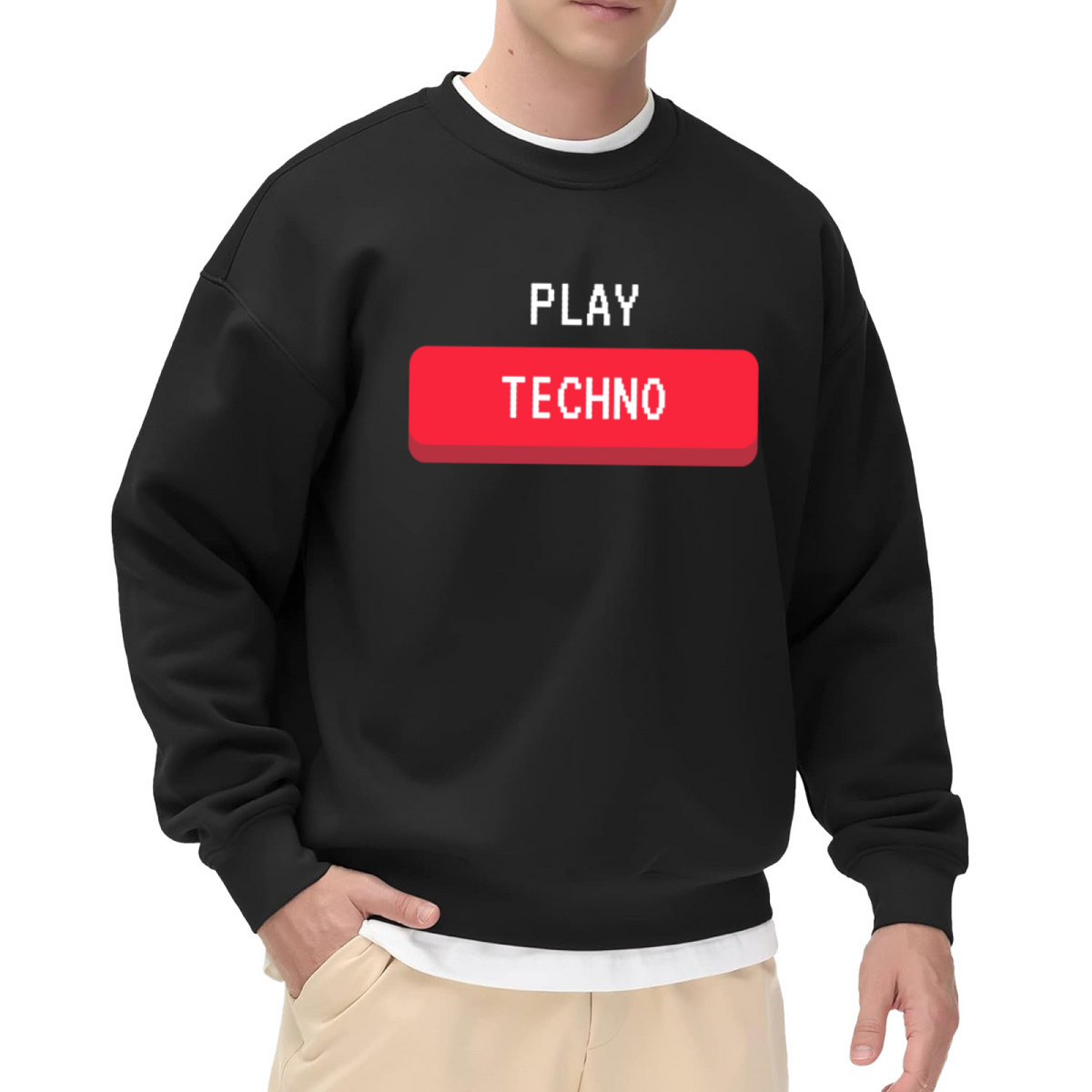 Play Techno Sweatshirt | Retro Pixel Play Button Graphic Crewneck, Electronic Music Lover Pullover Top, Techno Fan Gift for Men Women