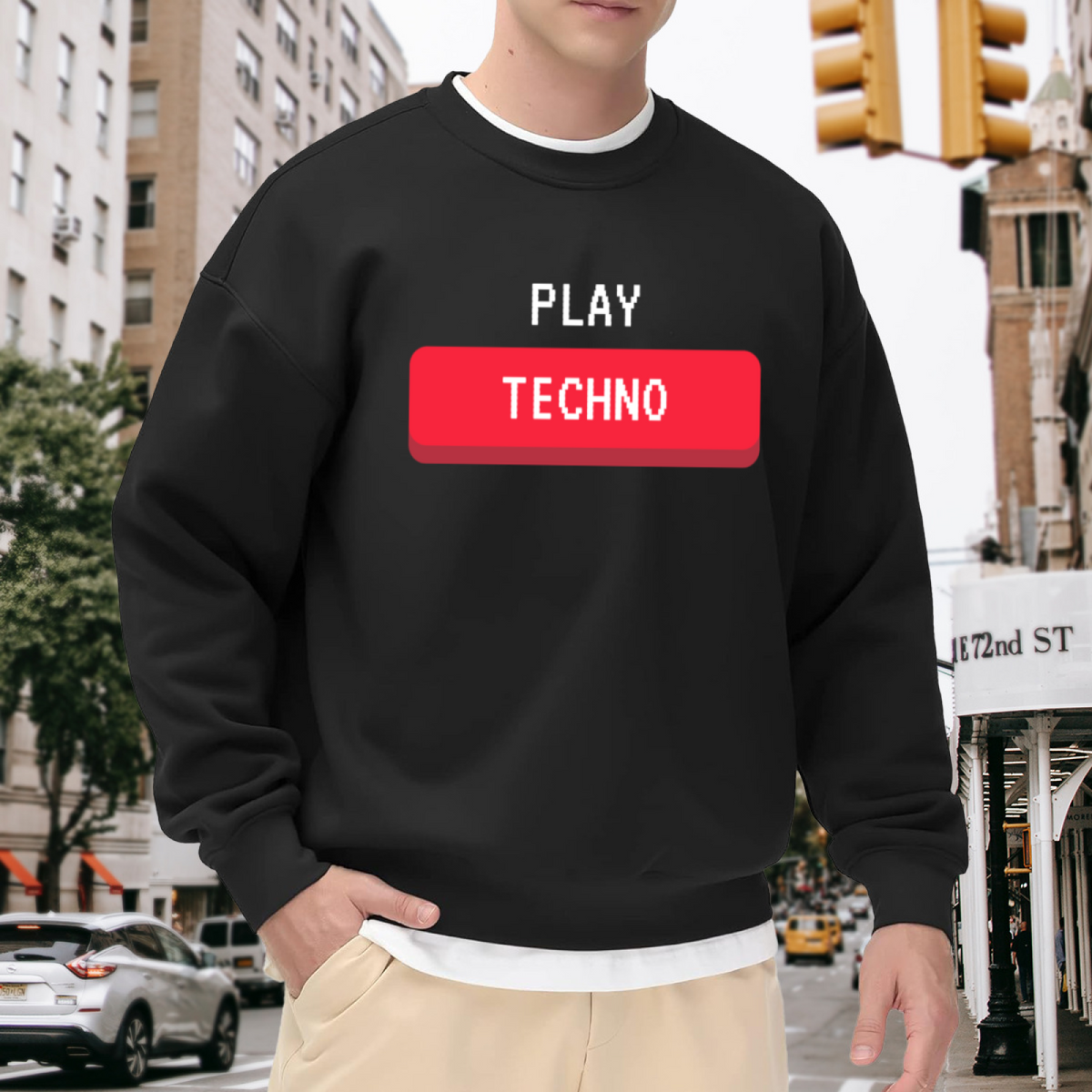 Play Techno Sweatshirt | Retro Pixel Play Button Graphic Crewneck, Electronic Music Lover Pullover Top, Techno Fan Gift for Men Women
