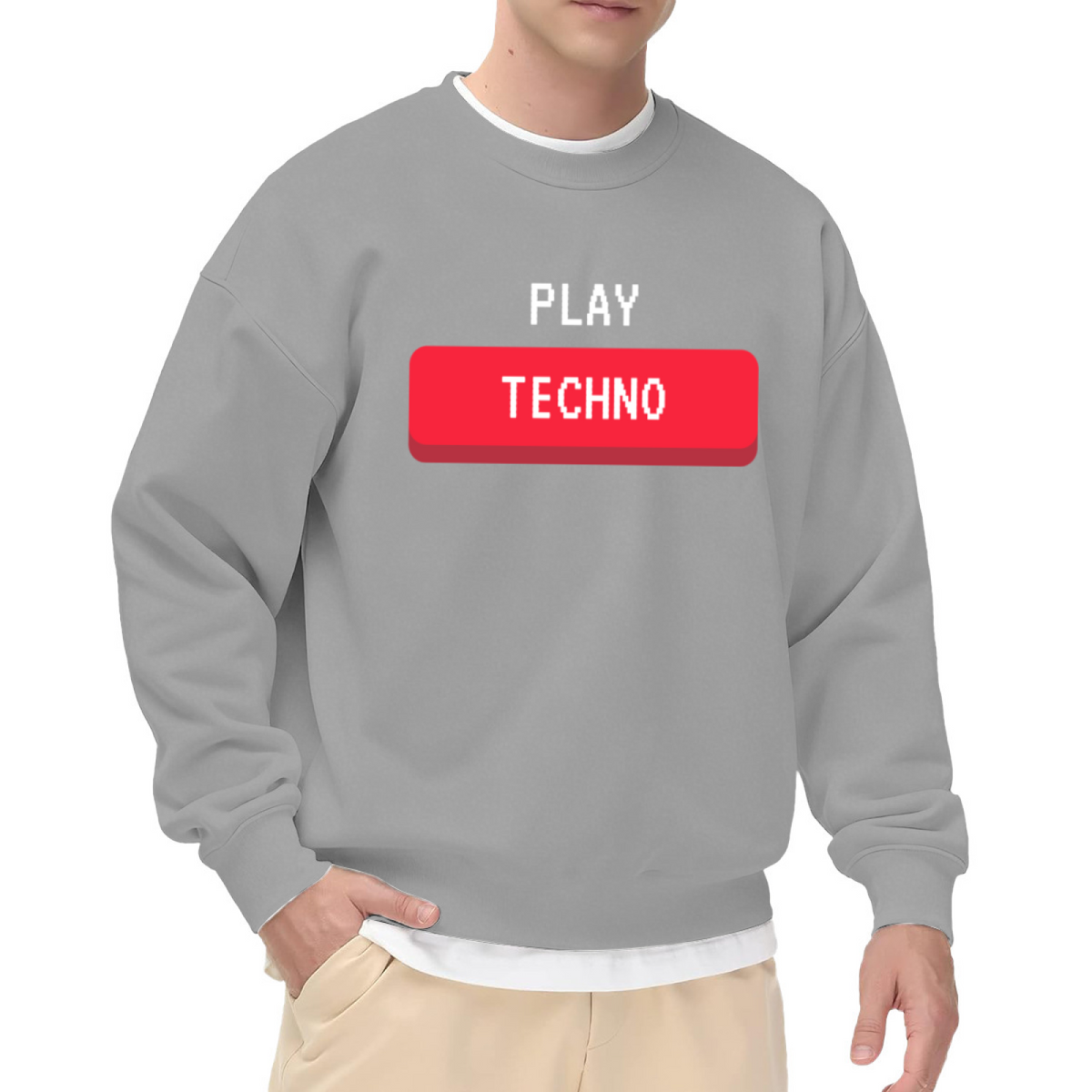 Play Techno Sweatshirt | Retro Pixel Play Button Graphic Crewneck, Electronic Music Lover Pullover Top, Techno Fan Gift for Men Women