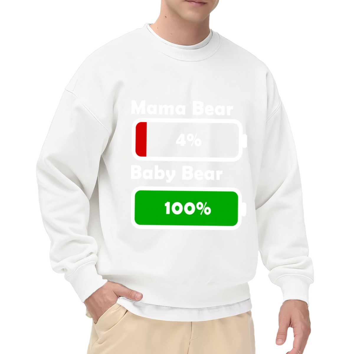 Mama Bear Low Battery Baby Bear Full Battery Crewneck Sweatshirt | Funny Mom Life Pullover, Cute Battery Icon Graphic Top, Mother's Day Gift