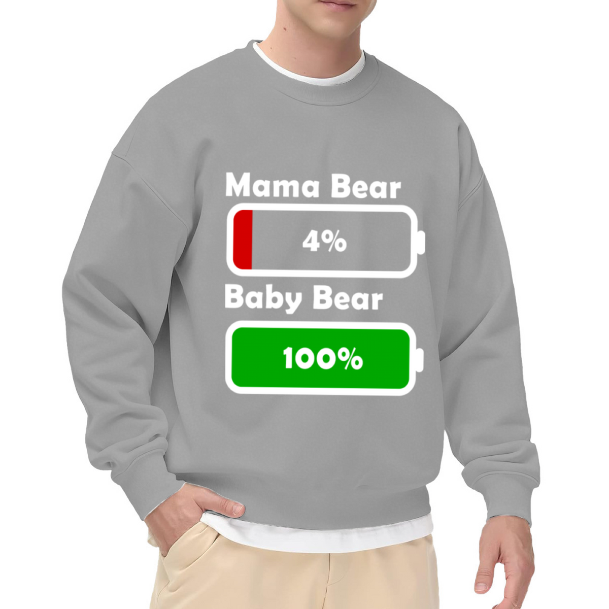 Mama Bear Low Battery Baby Bear Full Battery Crewneck Sweatshirt | Funny Mom Life Pullover, Cute Battery Icon Graphic Top, Mother's Day Gift