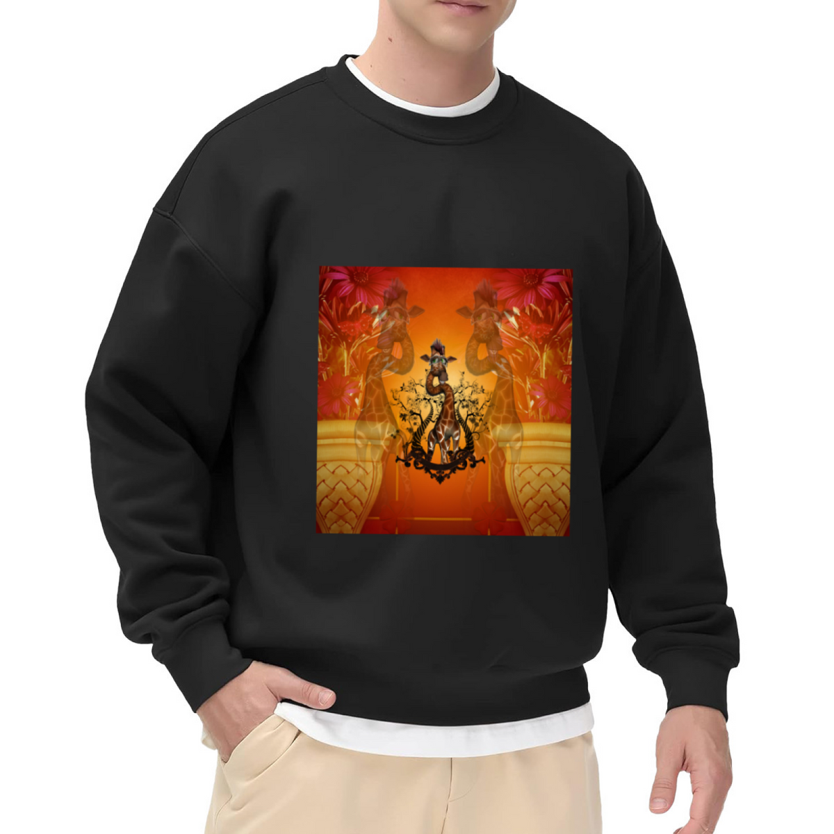 Artistic Giraffe and Floral Print Crewneck Sweatshirt, Safari Animal Botanical Graphic Pullover, Nature Lover Casual Wear for Men Women