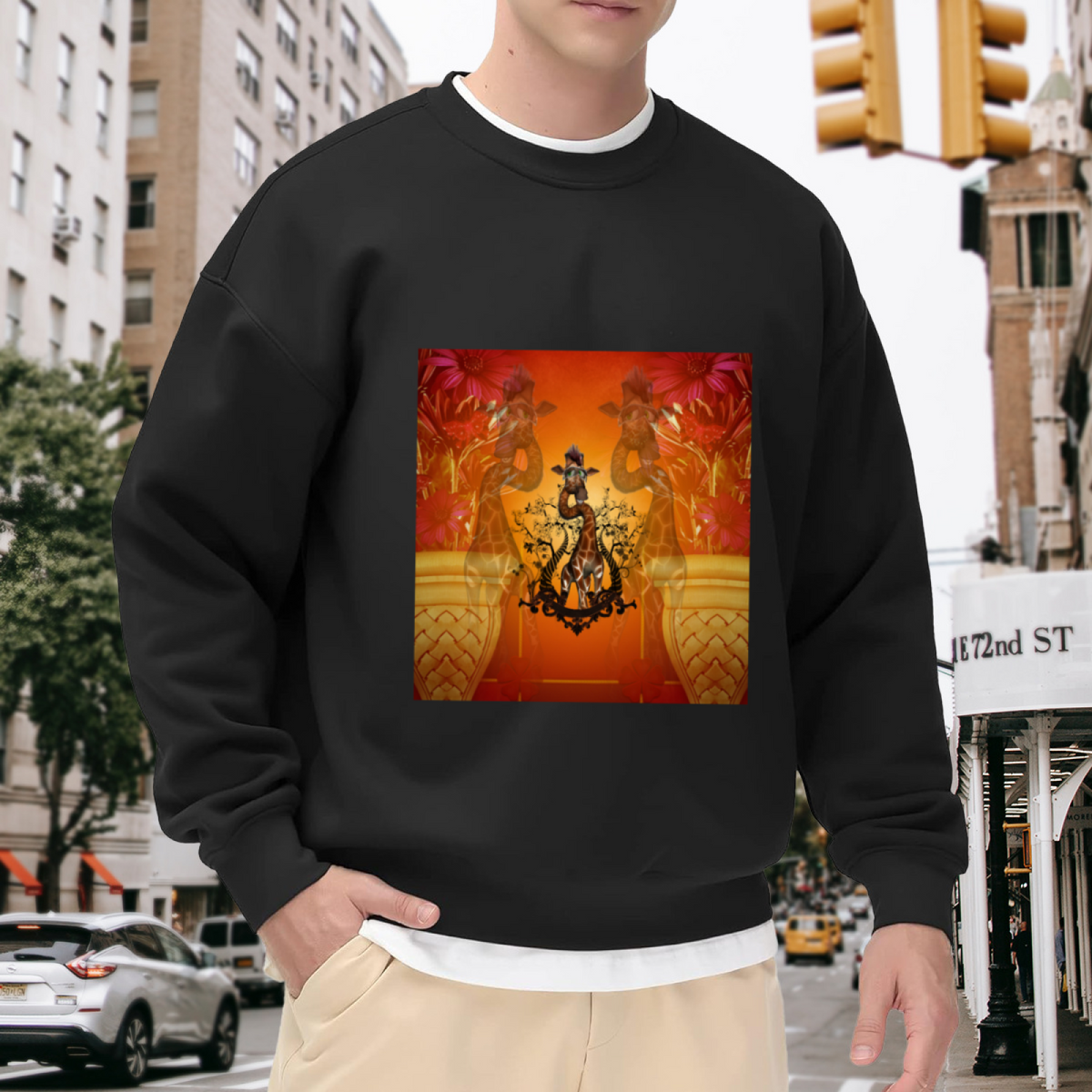 Artistic Giraffe and Floral Print Crewneck Sweatshirt, Safari Animal Botanical Graphic Pullover, Nature Lover Casual Wear for Men Women