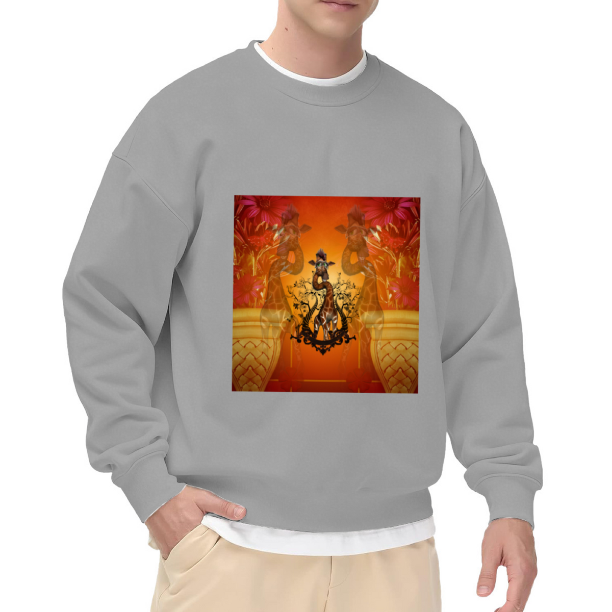 Artistic Giraffe and Floral Print Crewneck Sweatshirt, Safari Animal Botanical Graphic Pullover, Nature Lover Casual Wear for Men Women