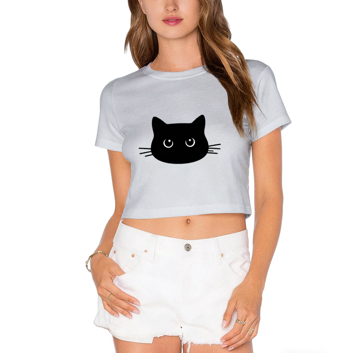 Cute Black Cat Face Lime Green Cropped  Tee ¨C Minimalist Kitty Graphic Top