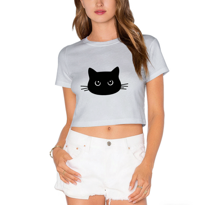 Cute Black Cat Face Lime Green Cropped  Tee ¨C Minimalist Kitty Graphic Top