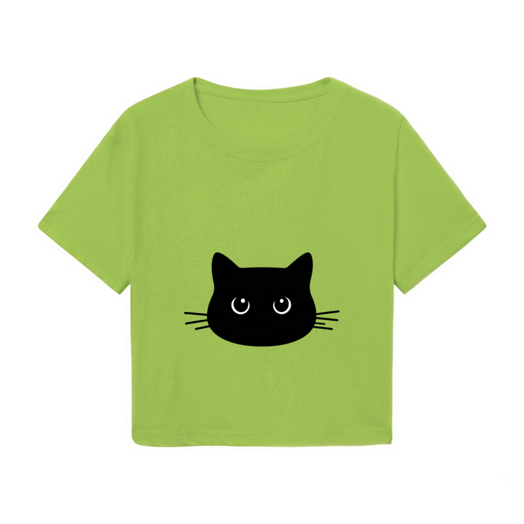 Cute Black Cat Face Lime Green Cropped  Tee ¨C Minimalist Kitty Graphic Top