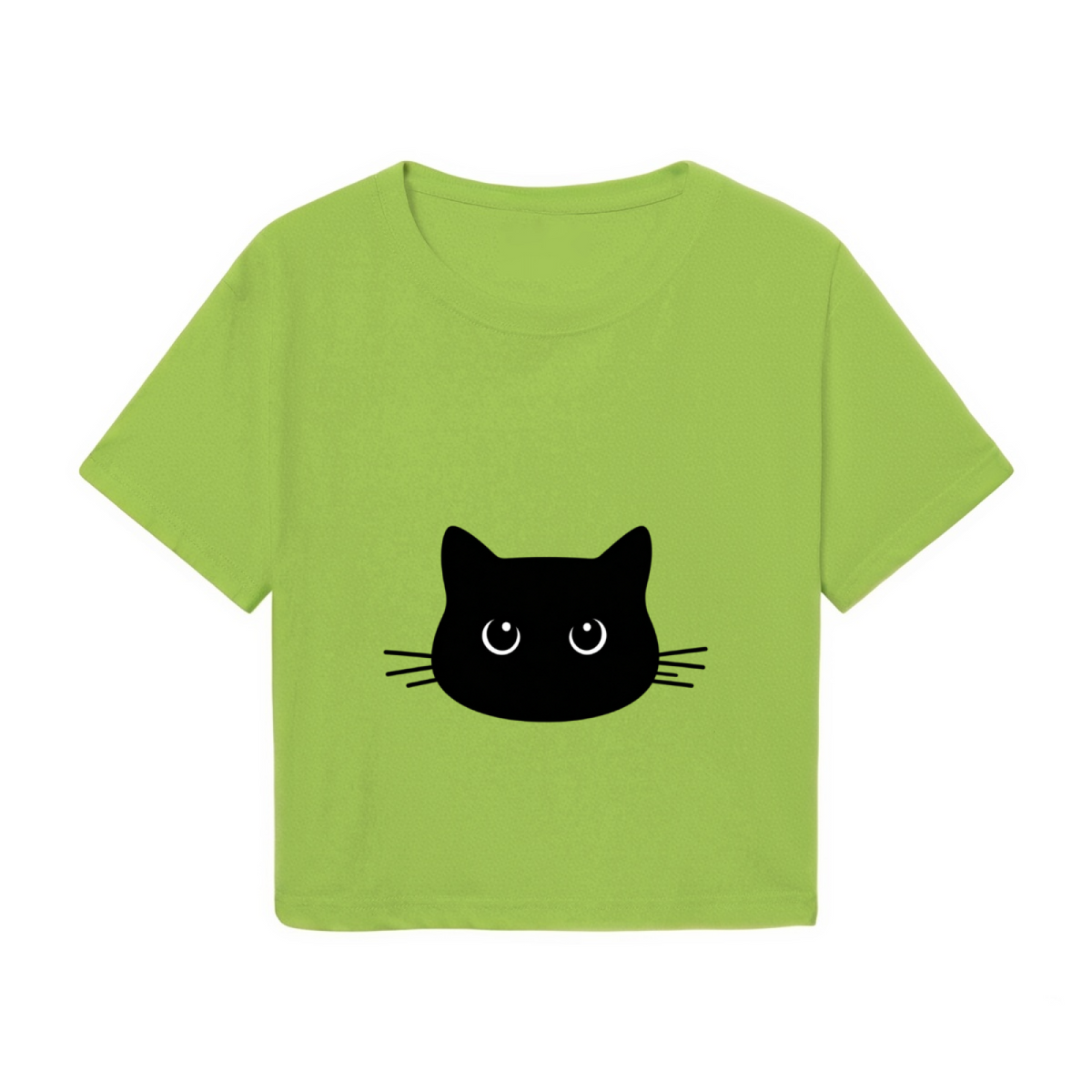 Cute Black Cat Face Lime Green Cropped  Tee ¨C Minimalist Kitty Graphic Top