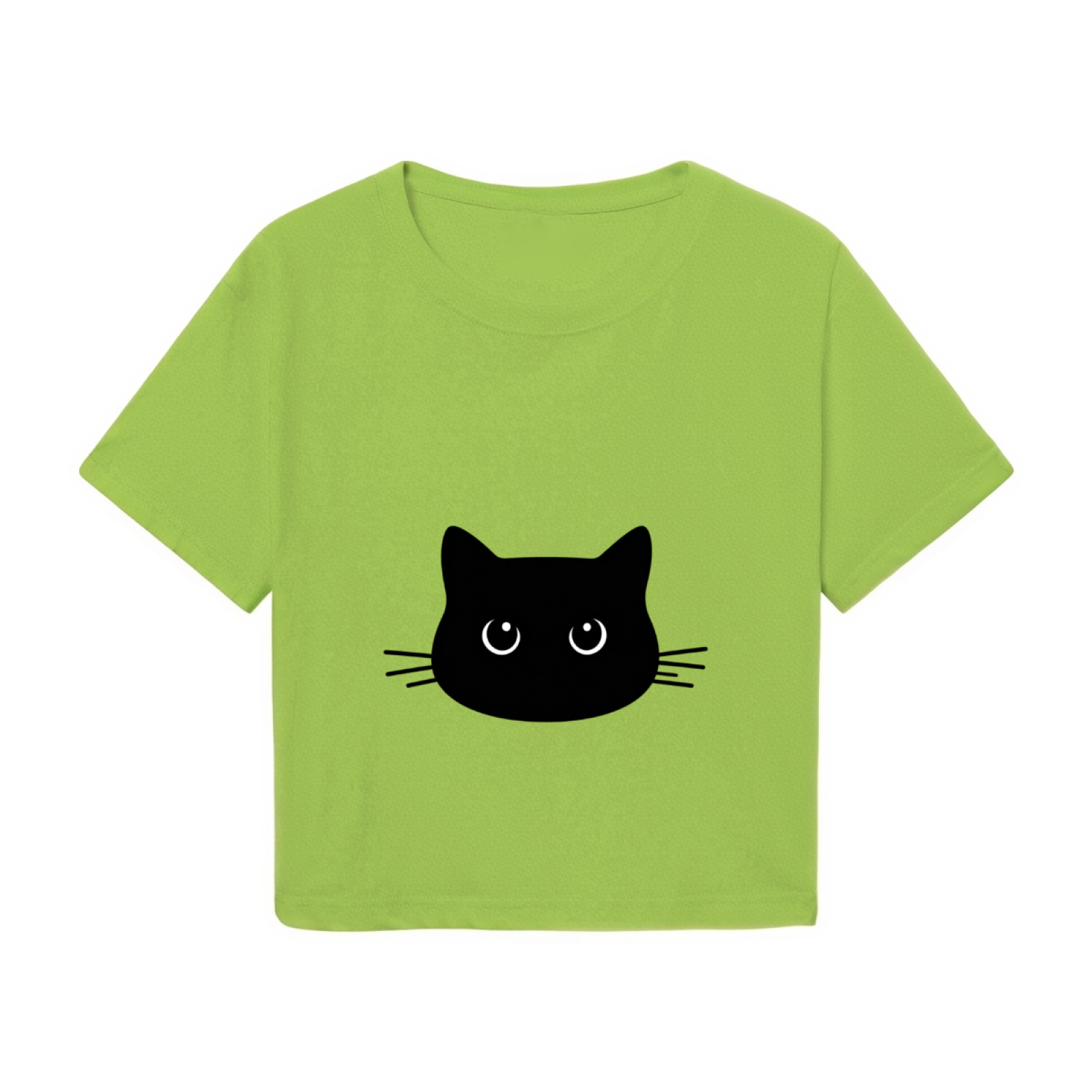 Cute Black Cat Face Lime Green Cropped  Tee ¨C Minimalist Kitty Graphic Top