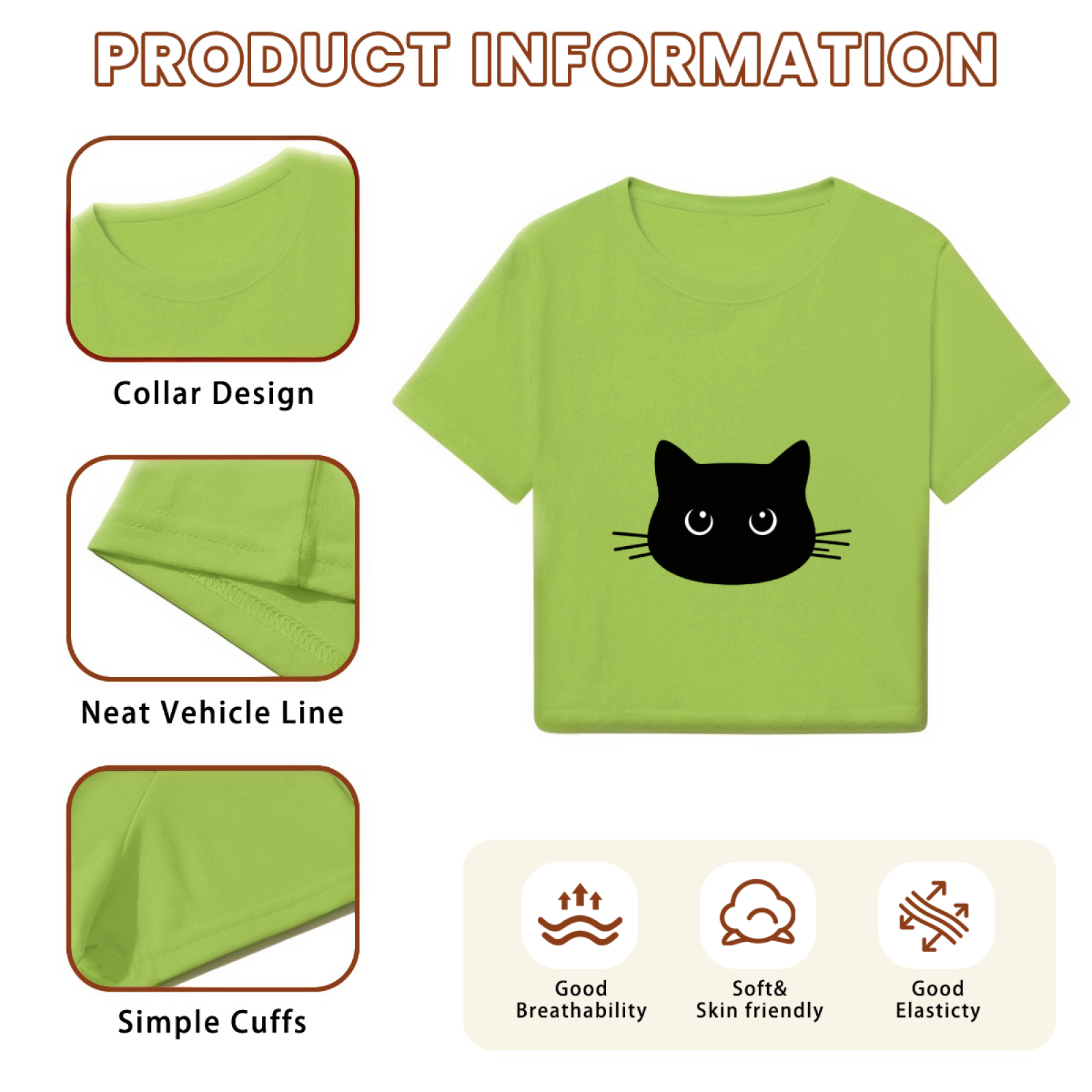 Cute Black Cat Face Lime Green Cropped  Tee ¨C Minimalist Kitty Graphic Top