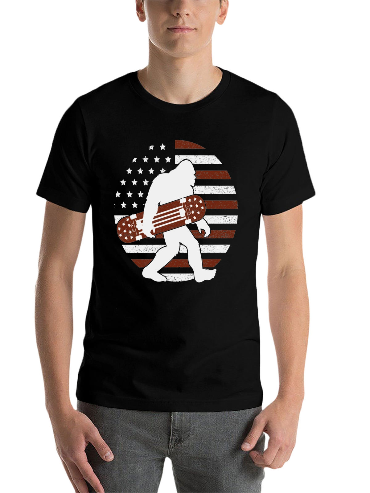 Sasquatch Skateboard USA Flag Graphic T-Shirt
